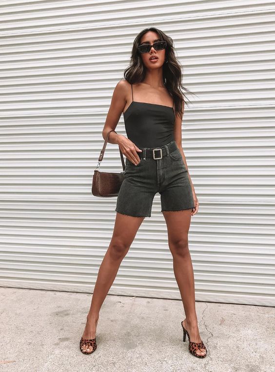 a hot summer look with a black square neckline top, black denim shorts and a black belt, leopard printed heels and a brown mini bag