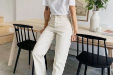 a minimalist summer work look with a white t-shirt, white jeans, black heeled mules and a black headband