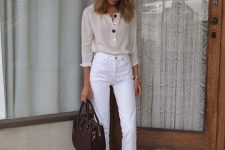 a neutral button down shirt, white cropped jeans, two-tone shoes and a burgundy bag for a summer work look