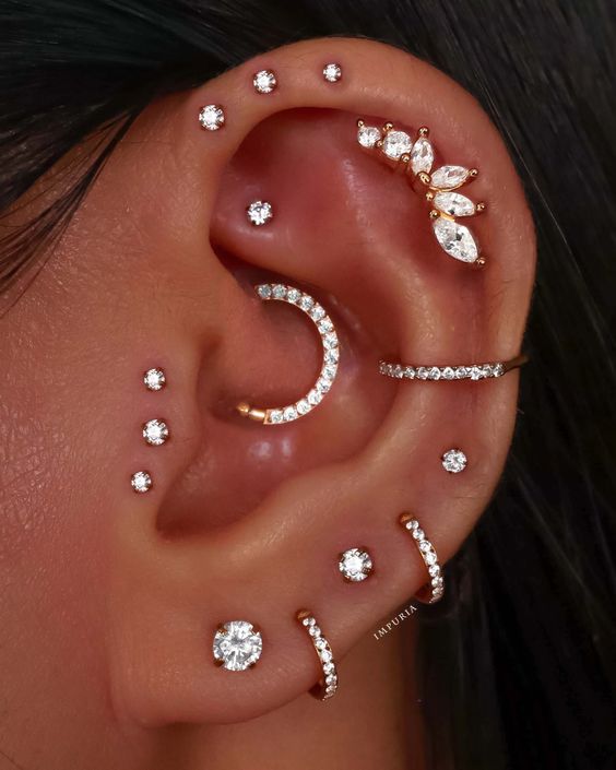a super bold and chic ear set with stacked lobe, conch, helix, faux rook, triple tragus and forward helix piercings done with matching studs and hoops