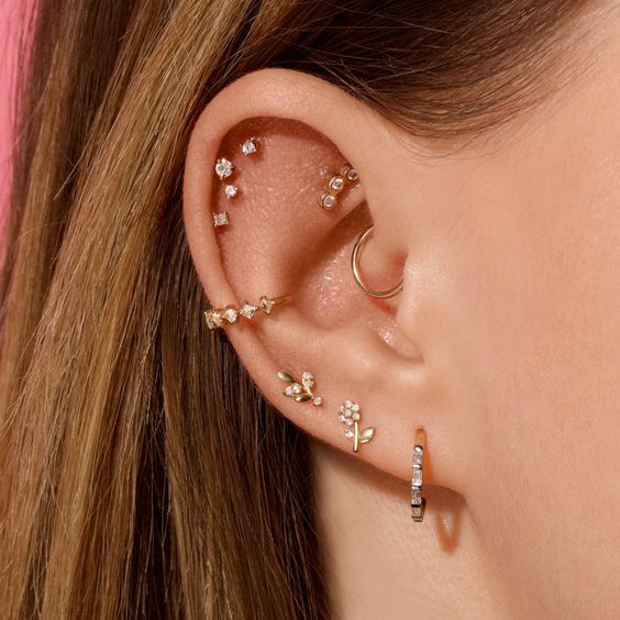 a very delicate ear stack with a faux rook, daith, triple lobe, conch and several helix piercings done with studs and hoops