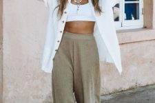 a white bra top, an oversized white shirt, grey linen pants, layered necklaces – add slides or sneakers adn go