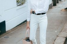 a white shirt, white cropped jeans, a black belt, white slingbacks and a blush tote for work