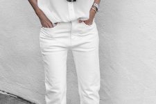a white shirt, white jeans, black flats and sunglasses for a chic and timeless summer minimalist look