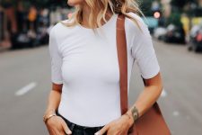 a white short sleeve bodysuit, black denim shorts, a brown bag for a lovely everyday look in summer