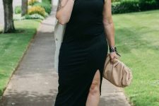 an elevated tank midi dress outfit with red ankle strap shoes and a large tan clutch