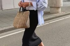 03 a white halter neckline top, a blue oversized shirt, a black pencil midi skirt, black flipflops and a straw bag for a more relaxed office look