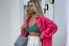05 a bright summer look with a green bra top, a hot pink oversized shirt, white high waisted pants and a grey bag