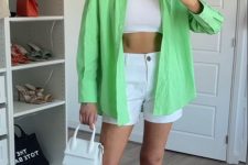 16 a white crop top, white shorts, a neon grene oversized shirt, woven slides and a white bag plus a green baseball cap