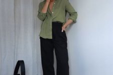22 a green linen shirt, black linen pants, black strappy sandals and a black tote for work in summer