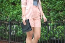 With gray top, pale pink linen blazer, black leather clutch and black and beige leather ankle strap high heels