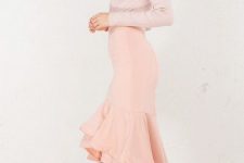 With pale pink long sleeved shirt and beige and transparent heeled shoes