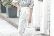 With sunglasses, white and transparent bag, gray off the shoulder top and beige ankle strap shoes