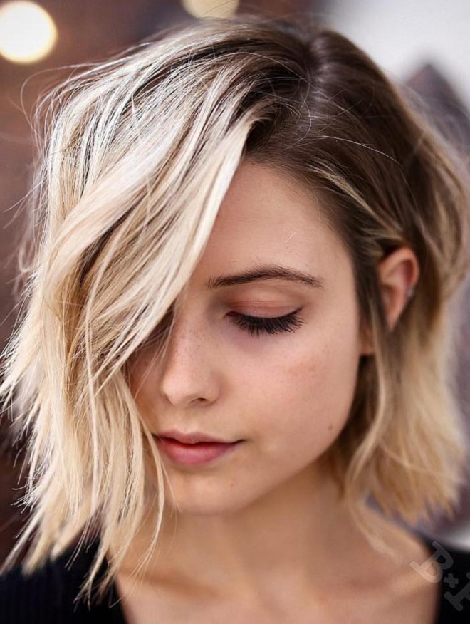 a layered bob with blonde balayage works best for those with heart-shaped or round faces and medium to thick hair.