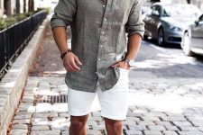 a neutral summer look with a grey linen shirt, white denim shorts and white sneakers is easy to repeat