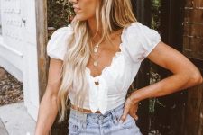 a romantic white ruffle crop top, blue high waisted denim shorts, white sneakers for this summer
