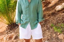 an oversized green linen shirt, white linen shorts, brown moccasins are all you need for a hot summer day