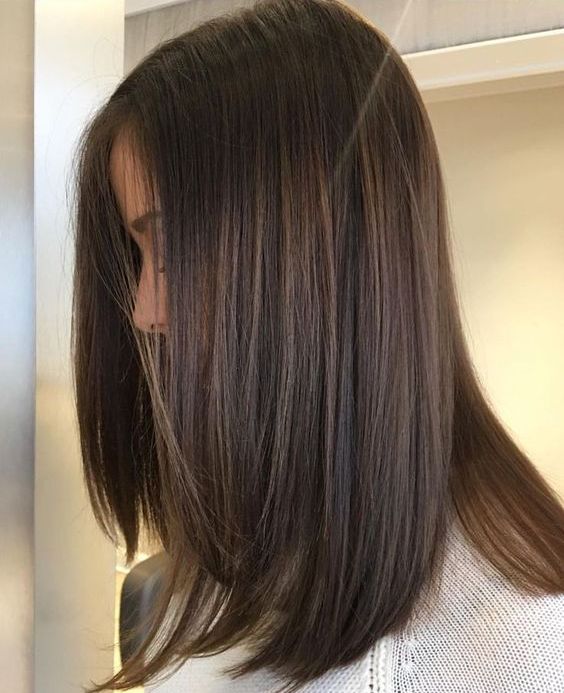 pretty medium length dark brown hair with lovely caramel and lighter brown babylights looks chic and bold