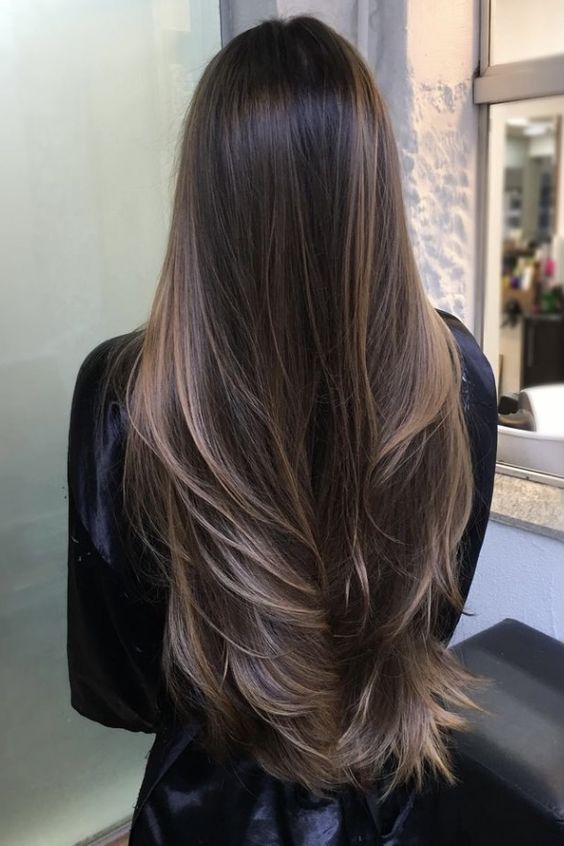 super long deep brown hair with caramel babylights and matching ends that give dimension and volume to the hair