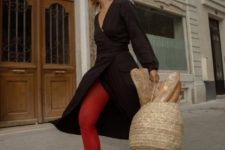 04 a black wrap midi dress with long sleeves, red tights and red shoes to elongate the legs and a basket bag