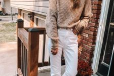 04 a casual neutral outfit with a tan sweater, white jeans, neutral slipper mules is a cozy and comfy idea