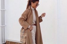 08 a neutral fall look with a neutral turtleneck, high waisted trousers, white sneakers, a brown belt and a plaid tote