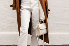 09 a fall look with a white sweater, white cropped jeans, burgundy boots, a tust leather trench and a creamy bag