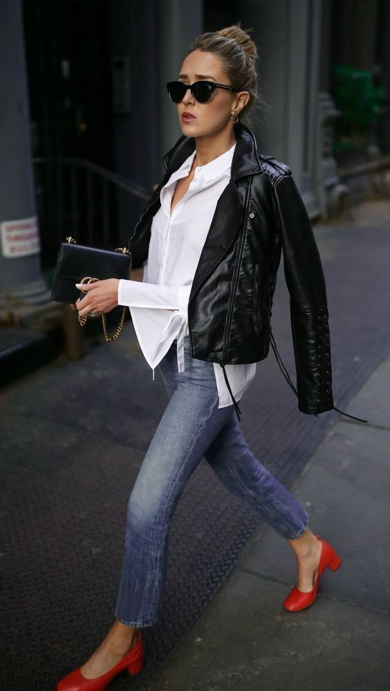 a white shirt, blue cropped jeans, red shoes, a black leather jacket, a black bag are great for the fall
