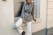 12 a fall work look with white jeans, a grey plaid oversized blazer, black belts and burgundy boots is very elegant
