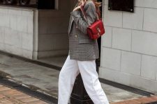 12 white wideleg jeans, an oversized grey plaid blazer, red shoes, a red bag and a red cap for a lovely sport look