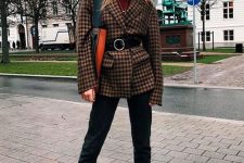 14 a burgundy turtleneck, black jeans, hot red booties, a plaid blazer with a black belt and a black and orange tote