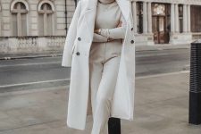 14 an all-white fall outfit with a turtleneck, cropped pants, white trainers, a midi coat is a great idea for every day or for work