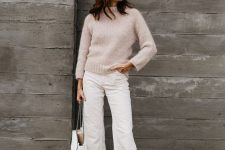 17 a neutral fall outfit with a neutral sweater, flare cropped jeans, white booties and a white bag