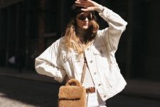 20 a pretty fall outfit with a white denim jacket and jeans, a tan turtleneck, a tan faux fur crossbody bag is amazing