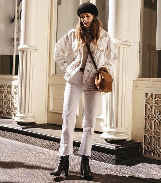 a white denim jacket and white jeans, black boots, a neutral top, a black beret for the fall