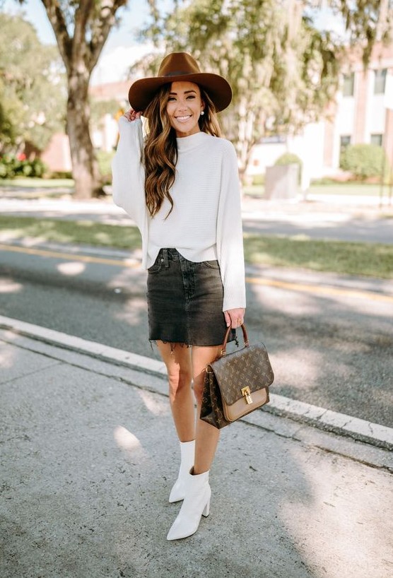 a white jumper, a black denim mini, white booties, a brown printed bag and a brown hat are great for the fall