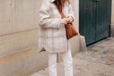26 white jeans, a plaid shirt jacket, burgundy boots and a rust-colored bag are a great combo for the fall