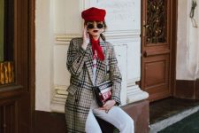 28 a white t-shirt, white jeans, red sock boots, a plaid midi coat and a hot red cap for a bold fall look