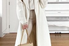 28 a white top, tan leather leggings, a creamy midi coat, a tan mini bag are great for a simple and lovely fall look