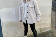 30 a white t-shirt, a light grey shirt jacket, black leather leggings, white boots is a casual look for the fall