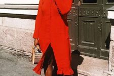 31 red sock booties will always look good when paired with a sleek midi dress with buttons and a catchy wooden bag
