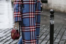 34 a white turtleneck, blue jeans, white boots, a blue and red plaid midi coat and a burgundy bag for a bold fall look