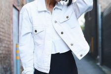 36 a white crop top, a black mini skirt, a white denim jacket for a non-boring black and white look