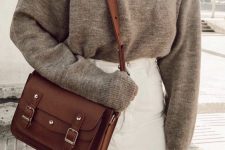45 a grey oversized jumper, a white denim mini skirt, a brown bag and layered necklaces are a great idea for the fall
