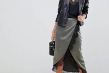 With black lace top, black leather jacket, black basket bag and silver ankle strap high heels