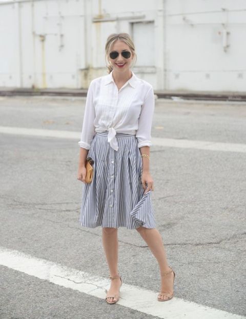 With sunglasses, white button down shirt, beige embellished clutch and beige ankle strap low heeled shoes