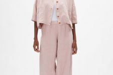 With white t-shirt, pale pink linen pants and white flat shoes