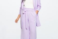 With white top, lilac long blazer and silver ankle strap shoes