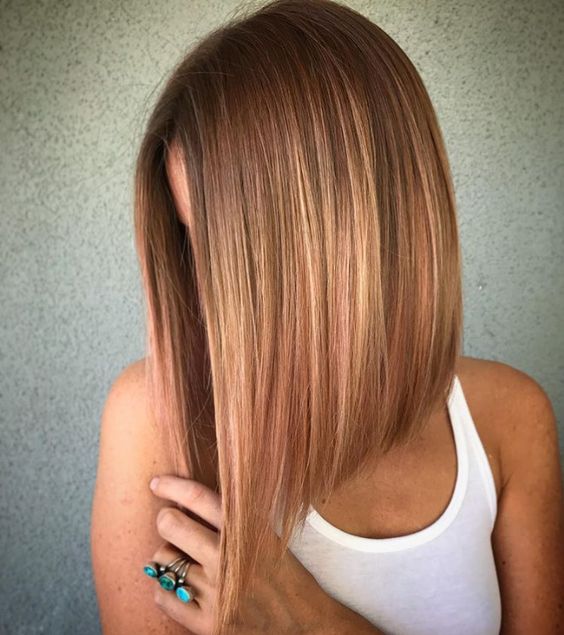 a red angled bob with blonde and copper balayage is a lovely idea that inspires with its color and wows
