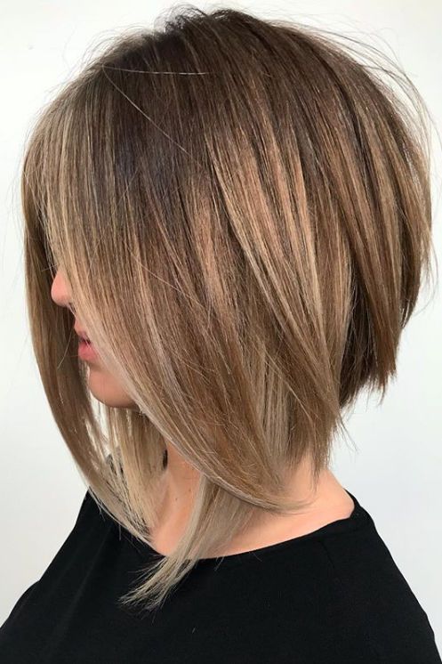 an angled light brunette bob with textures and layered plus some caramel balayage is a gorgeous idea